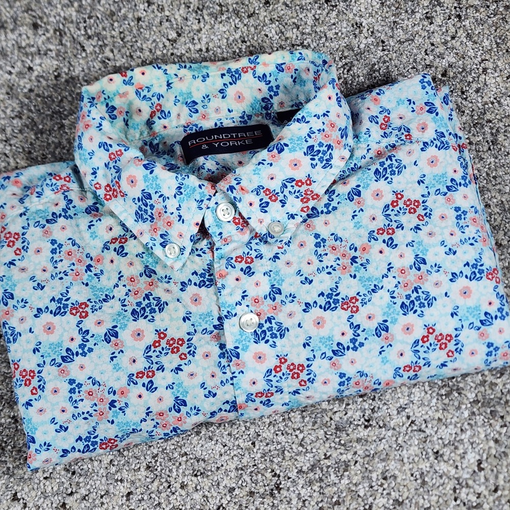 Roundtree & Yorke Shirt Mens Large Floral Short Sleeve Cotton Lyocell Blend Good - Picture 6 of 10